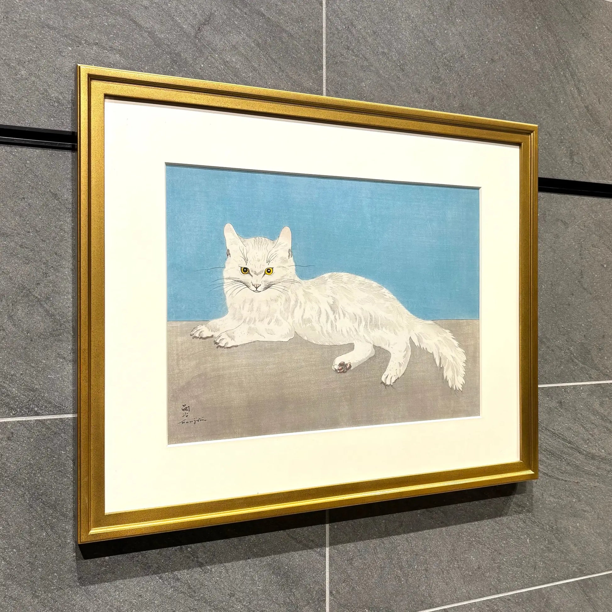 KG】藤田嗣治 白い猫 リトグラフ 刷り込みサイン フランス著作権協会 KG】藤田嗣治 白い猫 リトグラフ 刷り込みサイン フランス著作権協会