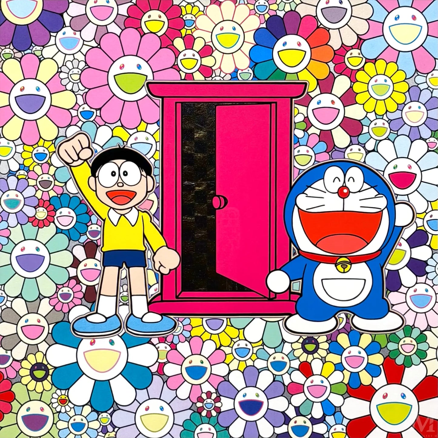 のび太とドラえもんがお花の中にいます